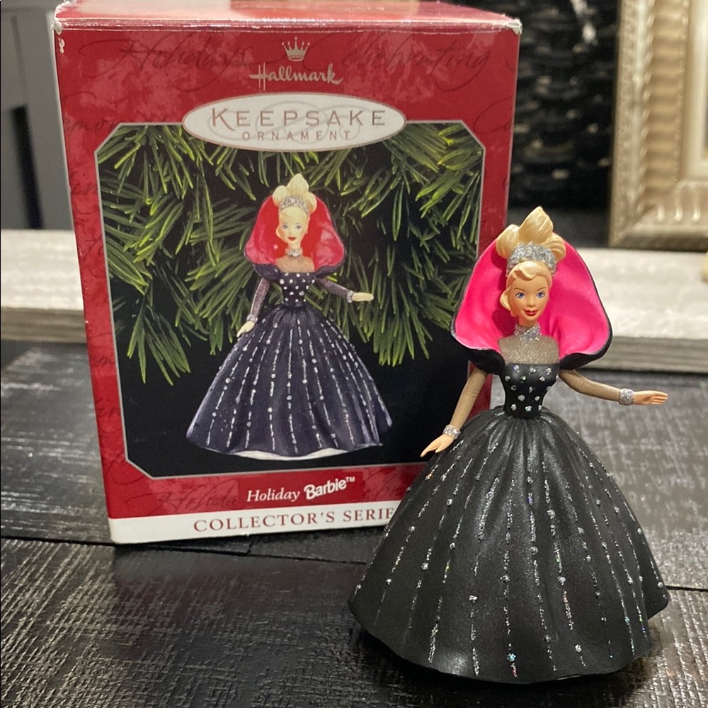 Vintage 1998 Hallmark Keepsake Holiday Barbie Ornament in Black with Pink Hood!